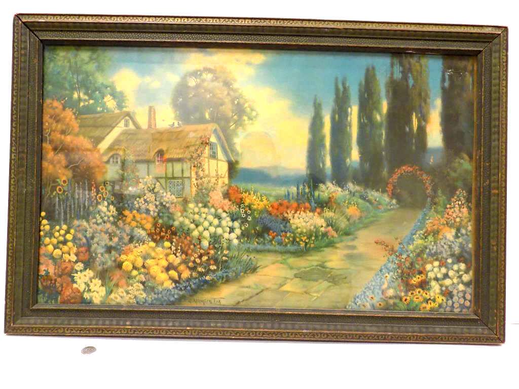 R. ATKINSON FOX - COUNTRY COTTAGE LITHOGRAPH: R. Atkinson Fox - American / Pennsylvania 1860-1935 - Big Color Lithograph of a Country Cottage Surrounded by Flowers. Antique Arts & Crafts Frame Measures 21.50" x 33.50"