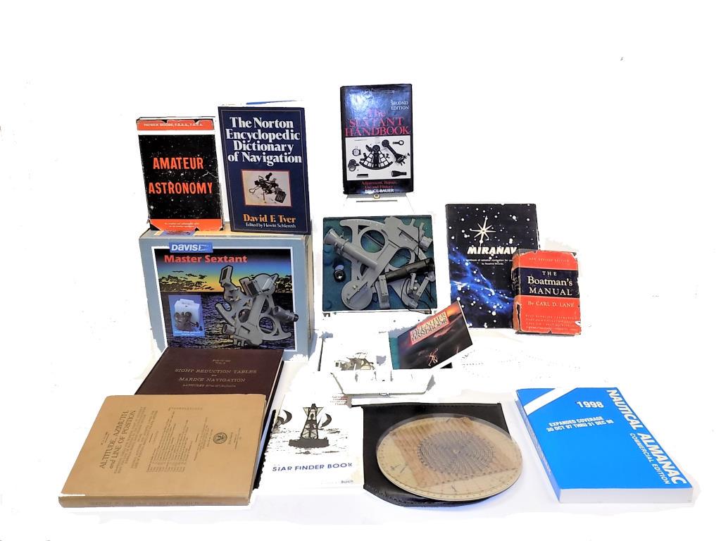 NAUTICAL SHIPS SEXTANT W/ REFERENCE BOOKS: Davis Master Ships Sextant in Original Box with Celestial Navigation Chart and Guide. Also includes a set of Sight Solvers and the following Books: Sight Reduction Tables for Marine Navigation Latitud