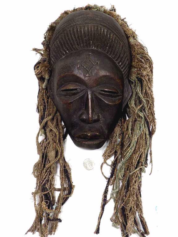AFRICAN CHOCKWE CARVED TRIBAL MASK: Antique African Chockwe Carved Wooden Tribal Mask. Old Fabric and String Hair. Dark Patina. Height 12" x Length 7"