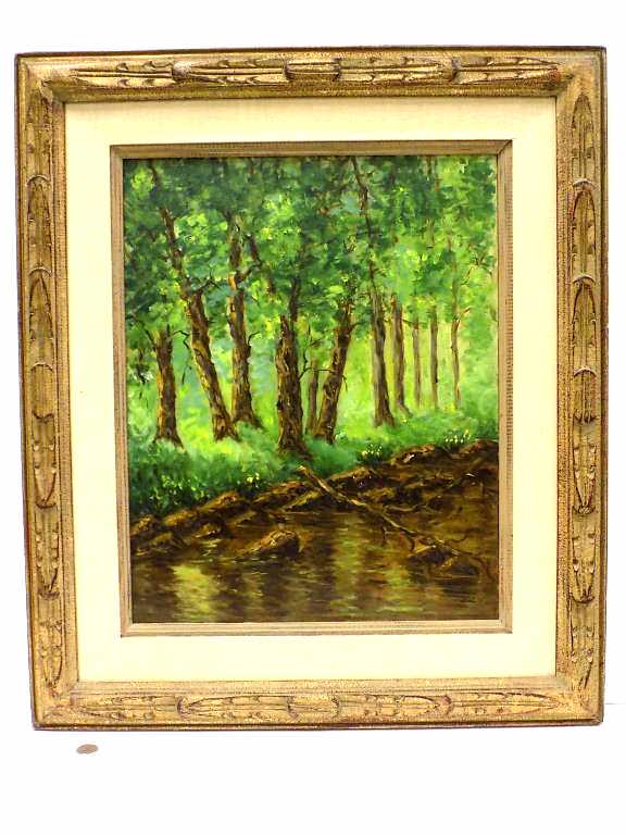 DIANE LEON - WOODLAND LANDSCAPE PAINTING: Diane Leon - American 20th Century - Woodland Landscape Painting. Oil on Grrumbacher Canvas. Signed & Dated (19)76 Lower Right. 24.50" x 28.50" Framed Measurement.