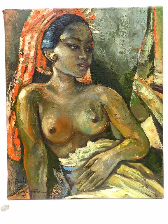 BALINESE NUDE LADY PAINTING - SIGNED ILLEGIBLY: Balinese Nude Lady Painting. Oil on Canvas. Signed Illegibly Lower Left. 19" x 23'"