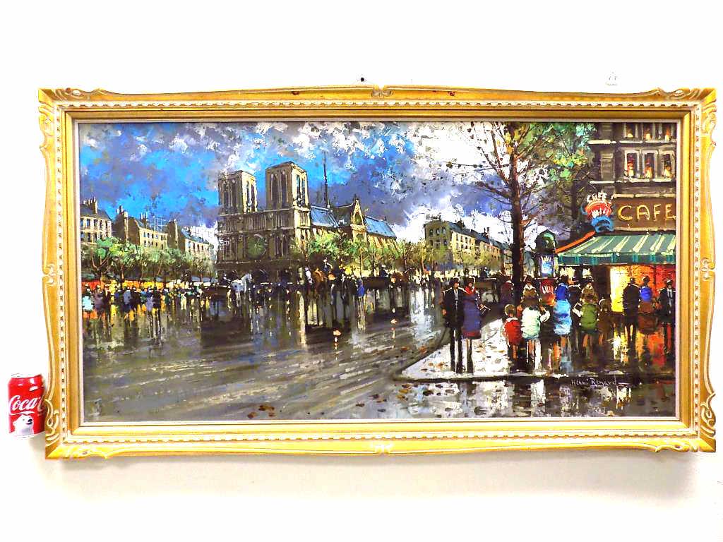 HENRI RENARD - BIG PARISIAN STREET SCENE PANTING: Henri Renard French 1941-1997 - Big Impressionist Parisian Street Scene Painting. Depicting Horse and Carriages, Figures at a Cafe. Oil on Canvas. Signed Lower Right. Approximately 30" x 53" Fancy Gil