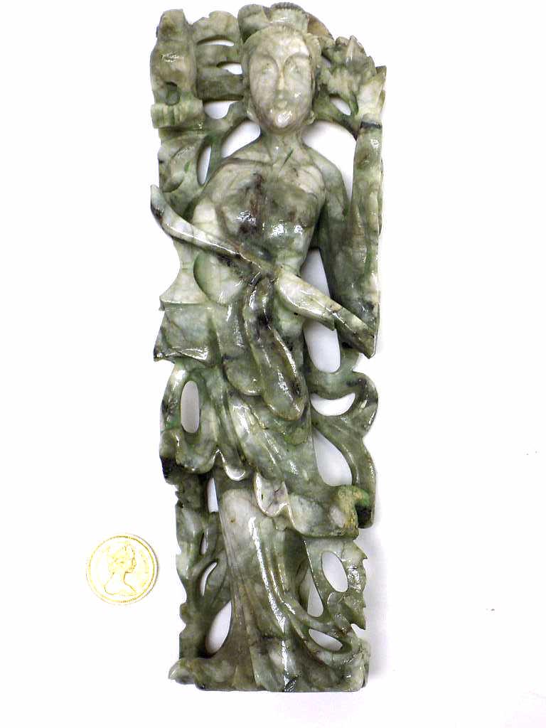 CHINESE GUAN YIN FIGURAL JADE CARVING: Chinese Jade Figural Carving of Guan Yin Holding a Ruyi Scepter. 2.50" x 8.50"