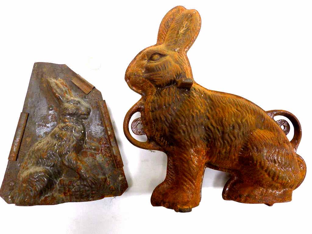 ANTIQUE CAST IRON & METAL RABBIT CHOCOLATE MOLDS: Pair of Antique Rabbit Chocolate Molds. Largest Cast Iron, Along with a Smaller White Metal. 11" x 10" and 7" x 8" From a Hudson Valley Farm.