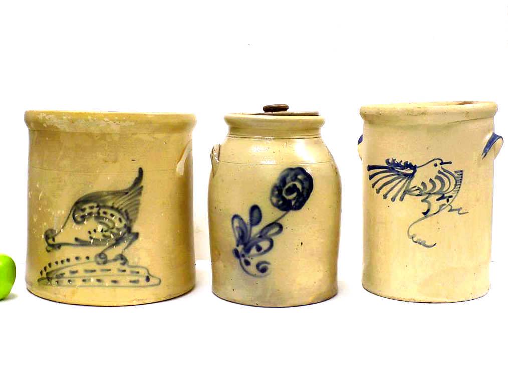 DECORATIVE BLUE SLIP STONEWARE CROCK LOT (1 of 4)