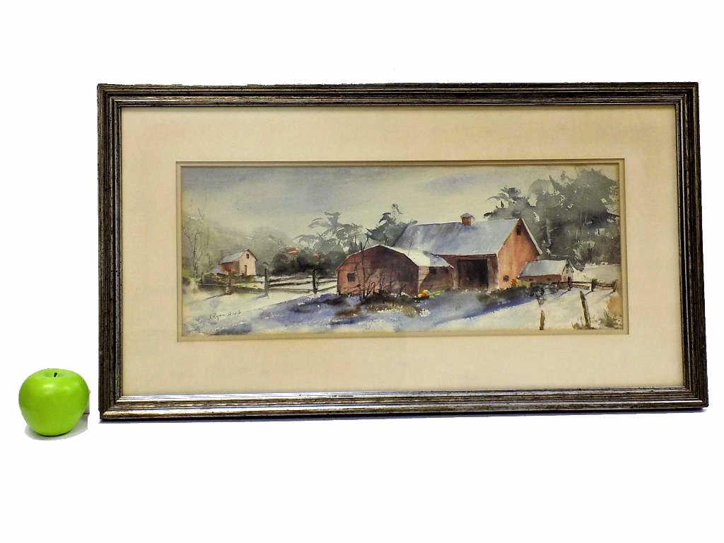 E. RYAN - OLD RED BARN WINTER WATERCOLOR (1 of 5)