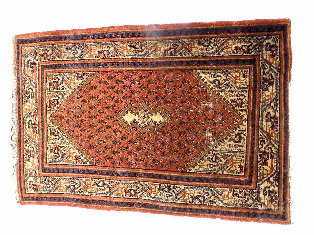 ANTIQUE HAMEDAN PRAYER RUG: Antique Hamedan Rug. Hand Tied, Natural dyes. 33" x 50.50". Iran Label Pile loss