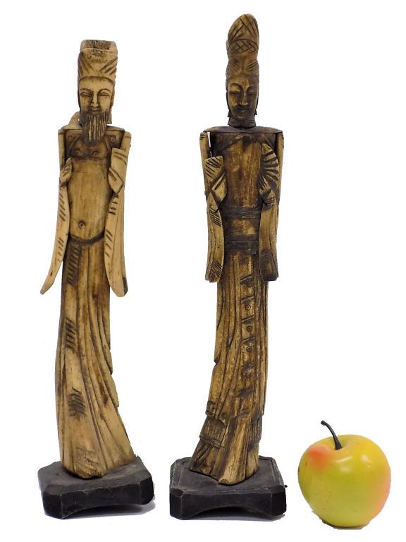 ANTIQUE CHINESE CARVED BONE FIGURES: Antique Chinese Carved Bone Couple / Figures on Wooden Bases. Heightm14.50". Old Patina.