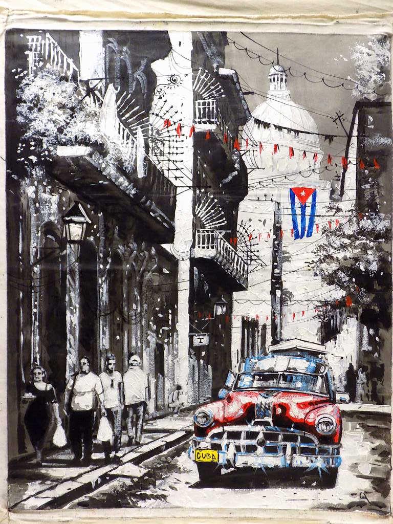 BIG CUBAN STREET SCENE PAINTING - SIGNED ILLEGIBLY (1 of 4)
