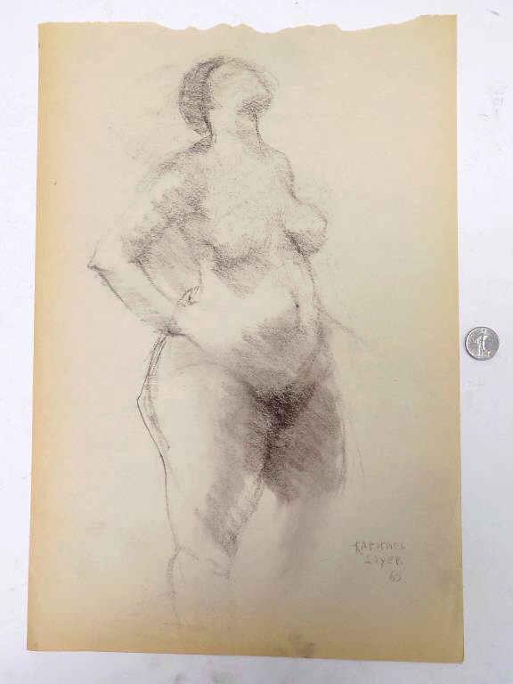 RAPHAEL SOYER - NUDE FEMALE CHARCOAL STUDY: Raphael Soyer Russian / American 1899-1987 - Nude Study of a Female. Charcoal Drawing on Artist Paper. Signed and Dated 69 Lower Right. 12" x 17" Provenance: From an Important New York Collection.