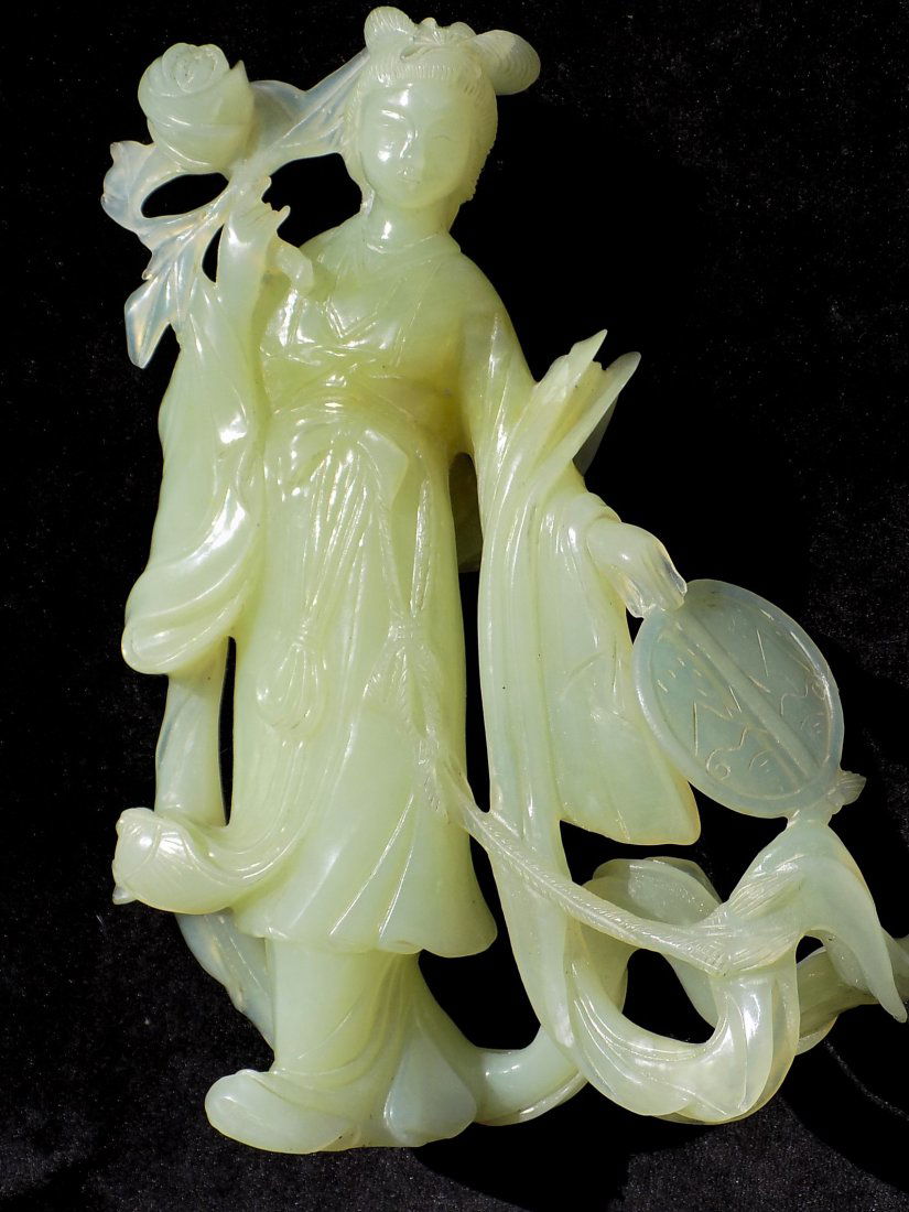 CHINESE CARVED JADE MAIDEN WITH LOTUS BLOSSOM (1 of 6)