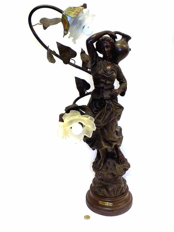 BERGERE - ART NOUVEAU BRONZED MAIDEN LAMP: Bergere - Antique Art Nouveau Bronzed Metal Maiden Lamp. Paris Foundry Mark. Height 28.50" Total.