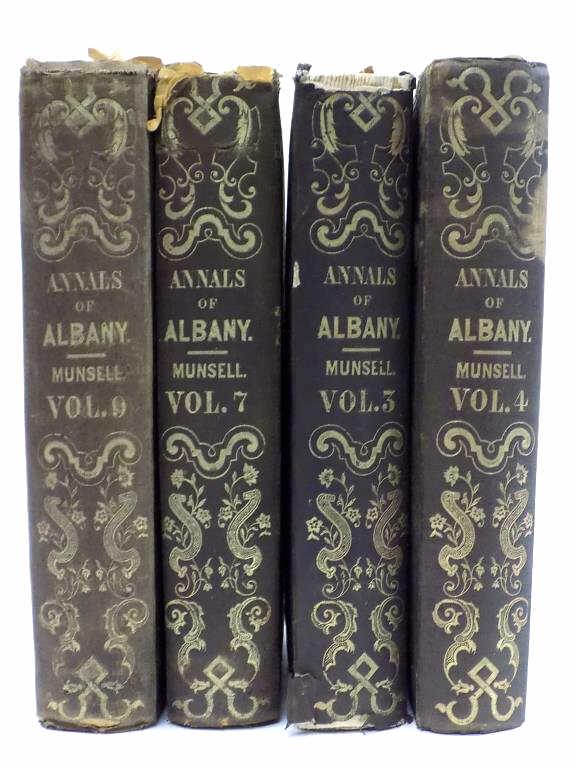 ANNALS OF ALBANY N.Y. VOLUMES 3 4 7 9: J. Munsell Publishing 1856 Set of 4 Clothbound books. Annals of Albany New York Volumes 3,4,7,9 . Fold Out Maps. Diagrams 5" x 7.50" Bindings. Some wear / loss