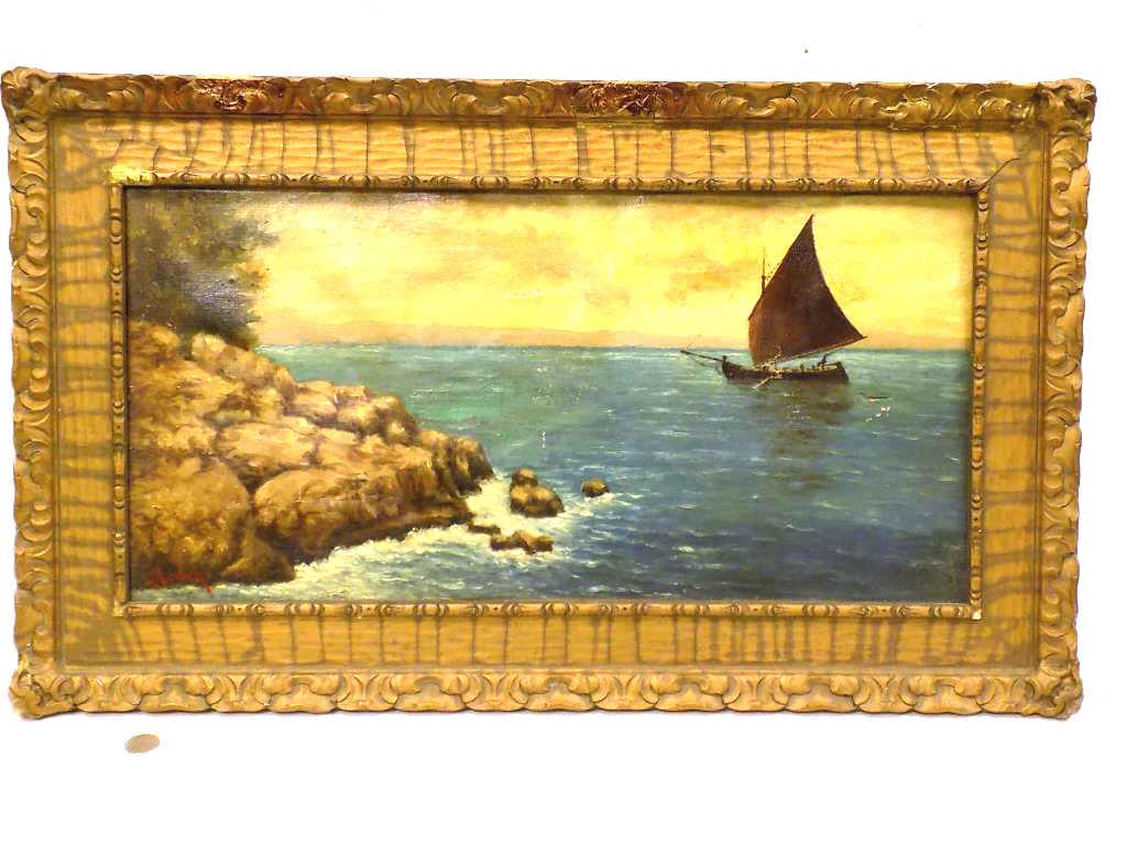 NICOLICH - SAIL BOAT EXPEDITION PAINTING: G. Nicolich - Antique Painting of a Sail boat Expedition. Oil on Canvas. Signed Lower Left. 19th Century Victorian Gilt Frame Measurement 17.50" x 29.50". From a Private New York Collection.