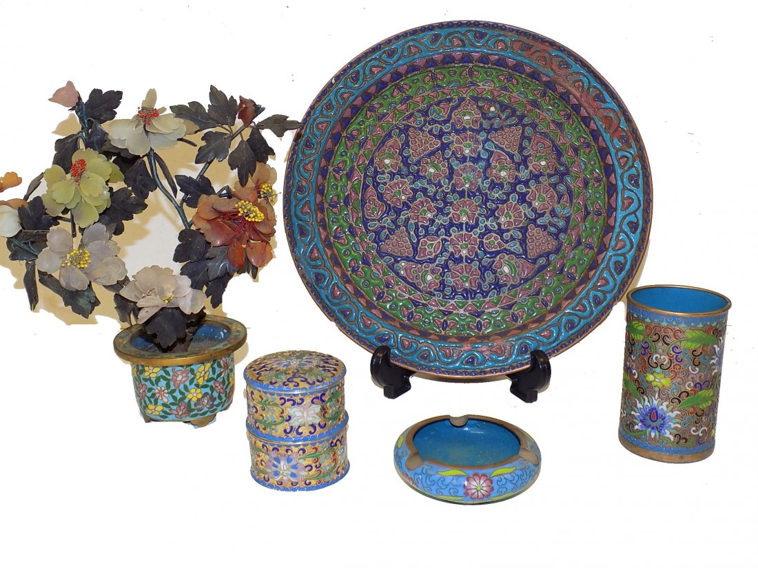 CHINESE CLOSONNE GROUP WITH JADE FLOWER TREE (1 of 3)