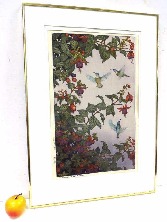 TOSHI YOSHIDA - HUMMINGBIRD AND FUCHSIA WOODBLOCK: Toshi Yoshida - Japanese 1911-1995 - Vibrant Woodblock Print Entitled Hummingbird and Fuchsia . Artist Titled and Signed Lower Margin. 19" x 27" Gold Frame Measurement. Provenance: From the Estate of