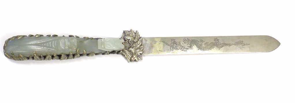 CHINESE SILVER JADEITE DRAGON CARVED LETTER OPENER (1 of 12)
