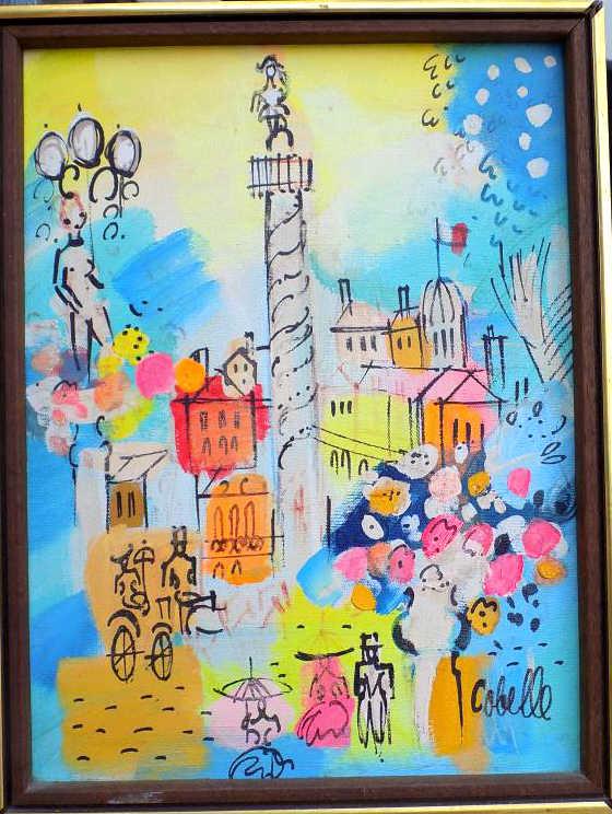 COBELLE - PARISIAN STREET SCENE PAINTING: Charles Cobelle - French 1902-1998 - Parisian Street Scene with Figures by a Monument. Oil on Canvas. Signed Lower Right. 12" X 16". Teak Frame. Provenance: From an Important New York Collection.