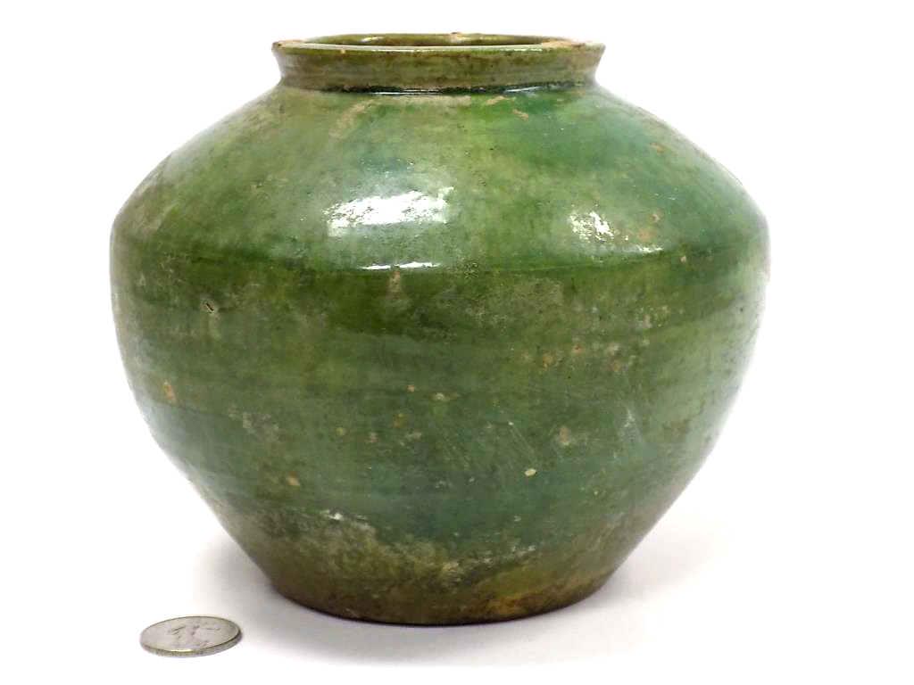 CHINESE HAN DYNASTY GREEN POTTERY JAR: Chinese Han Dynasty Apple Green Glazed Pottery Jar. Height 5.25" x Diameter 6 3/4". From an Important Private Collection.
