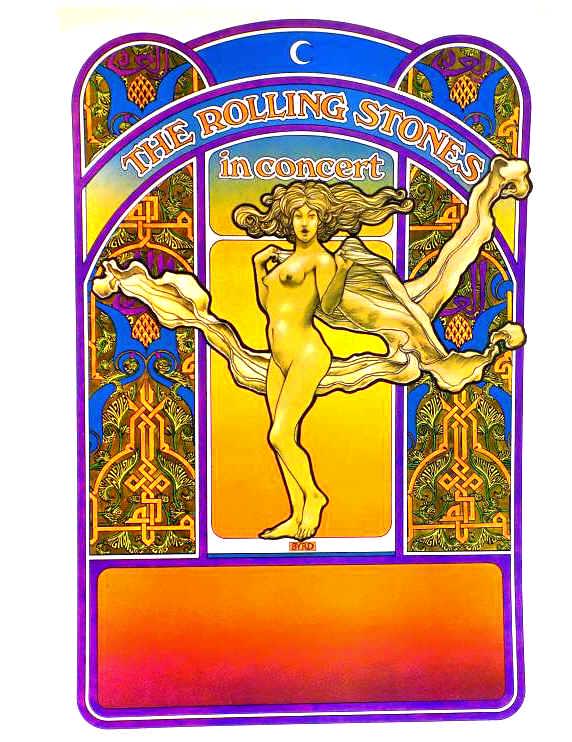 1969 BYRD ROLLING STONES NUDE CONCERT POSTER: Stone Promotions Limited c 1969 David Byrd The Rolling Stones In Concert Poster. Vibrant Color Lithography by Tea Lautrec San Francisco California. Depicting Art Deco Style Nude Lady for the Show at t