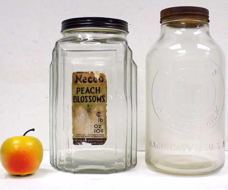 1940'S DECO NECCO CANDY JAR / HORLICK GLASS JAR (1 of 4)