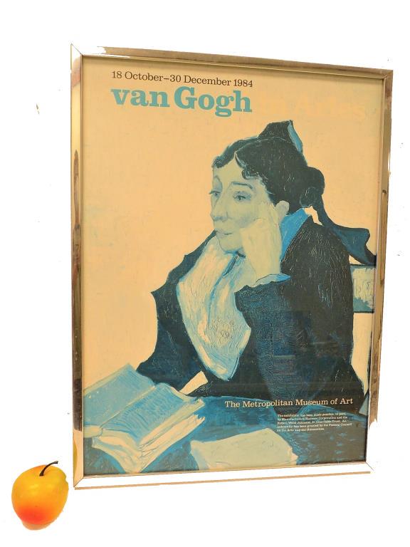 VAN GOGH - METROPOLITAN MUSEUM OF ART POSTER: After Van Gogh - The Metropolitan Museum of Art Exhibition Poster. October-December 1984. Depicting a Lady with Book. Modern Chrome Frame Measurement 17" x 23"