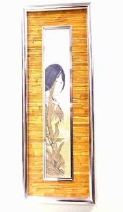 STEPHEN WHITE MODERN FRAMED WOODBLOCK: Stephen White - American 20th Century - Woodblock Print of a Lady. Custom Modern Chrome and Bamboo Border Greg Copeland Frame. Signature & Date 1926, Numbered lower margin. 16" x 44.50"