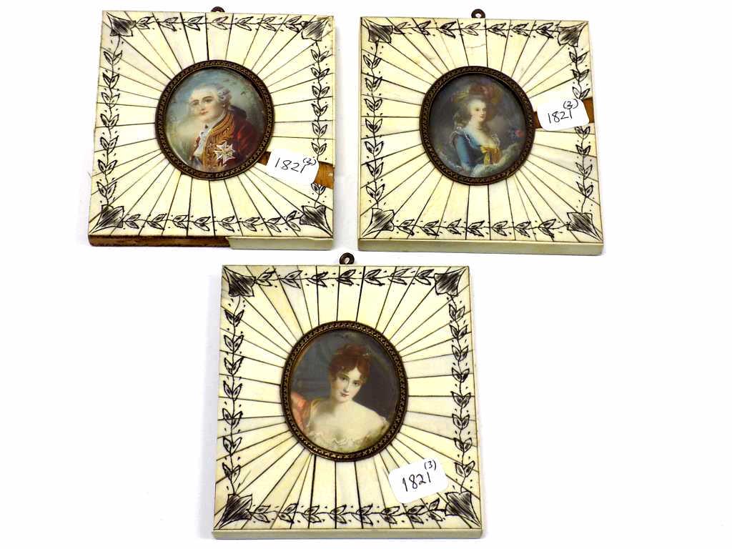 GENERAL LAFAYETTE WIFE MARIE ANTOINETTE PORTRAITS: 19th Century Set of Miniature Portraits on Bone. General Marquis de Lafayette, Wife Adrienne de LaFayette and Marie Antoinette. Bone Frames with Etched Bellflowers. 3.5" x 4" Provenance: From an Impor