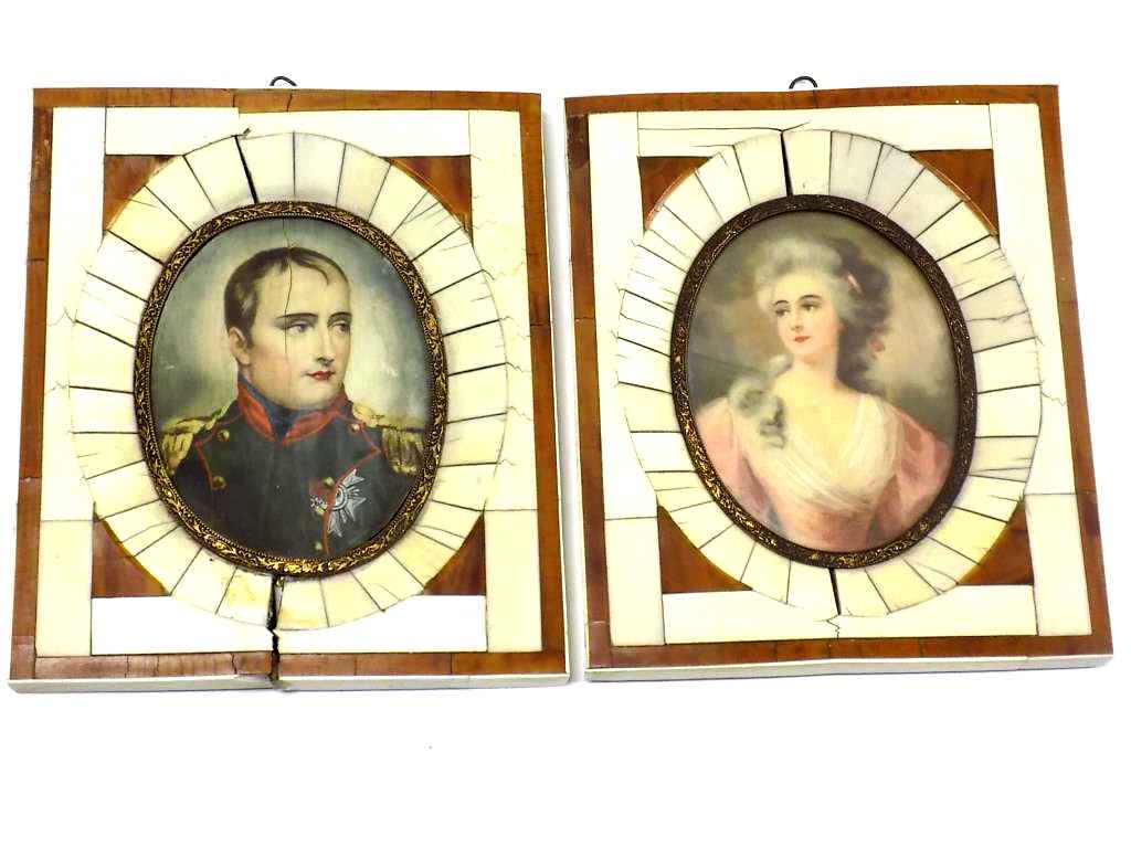 NAPOLEON AND JOSEPHINE MINIATURE PORTRAITS: 19th Century Pair of Miniature Portrait Paintings on Bone. General Napoleon and wife Josephine. Inlaid Bone Frames. 4.5" x 5.5" Provenance: From an Important New York Estate.