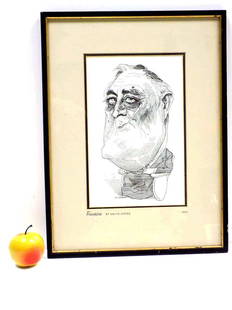 DAVID LEVINE - FRANKLIN D. ROOSEVELT LITHOGRAPH: David Levine - American New York 1926-2009 - Caricature Lithograph of President Franklin D. Roosevelt entitled Franklin. 14.25" x 19" Framed Measurement. Label on Rear From The Franklin D. Roosevelt C