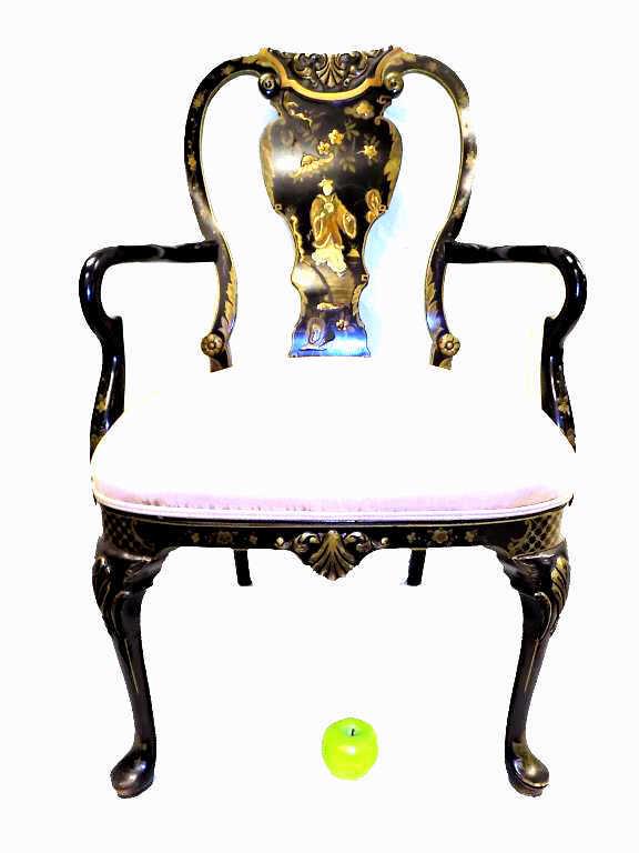 19TH CENTURY CHINESE ARM CHAIR W/ BONE INLAY: 19th Century Chinese Arm Chair with Bone Inlay. Elaborate Decoration with Gold Painted Floral Decoration and Lacquered Chinoiserie. Carved Scrollwork. Height 36.50" x Length 22" x Depth 18"