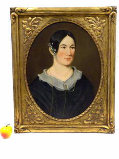 PRIOR HAMBLIN SCHOOL - AMERICAN LADY PAINTING: Attributed Prior Hamblin School - William Matthew Prior 1806-1873 Sturtevant Hamblin 1836-1856 - Circa Mid 19th Century American Folk Art Lady Portrait. Oil on Canvas Painting. Sitter Identified on Re