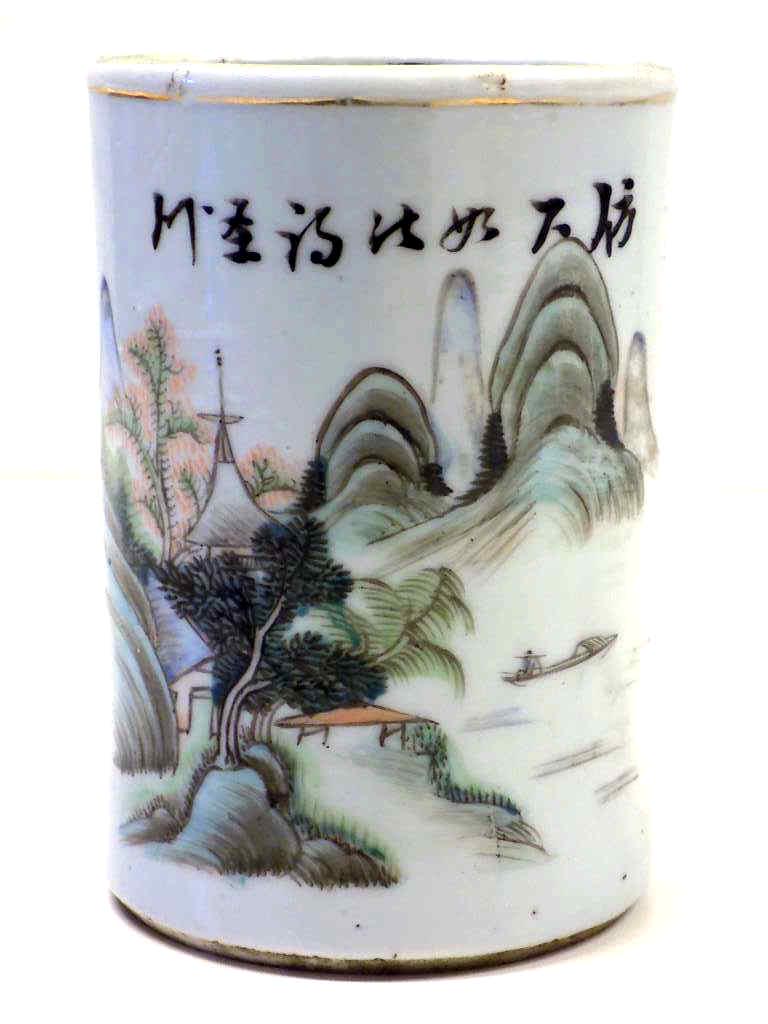 CHINESE SIGNED LANDSCAPE PORCELAIN BRUSH POT (1 of 4)