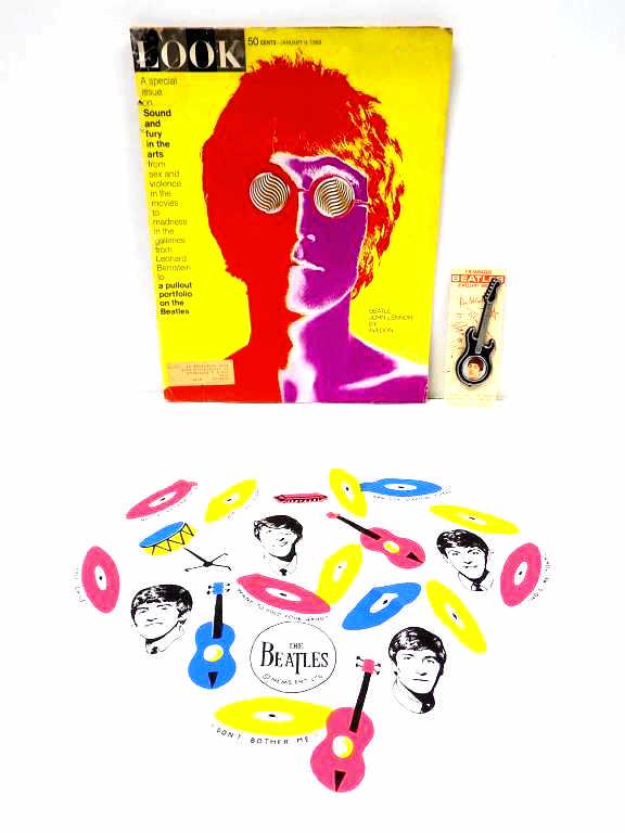 BEATLES HANKERCHIEF PIN & LOOK MAGAZINE LOT (1 of 4)