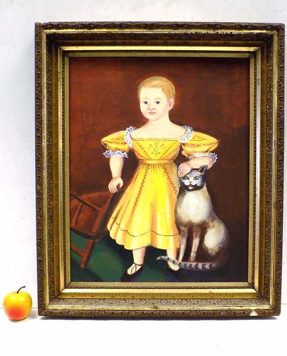 AMERICAN FOLK ART CHILD WITH CAT PAINTING (1 of 4)