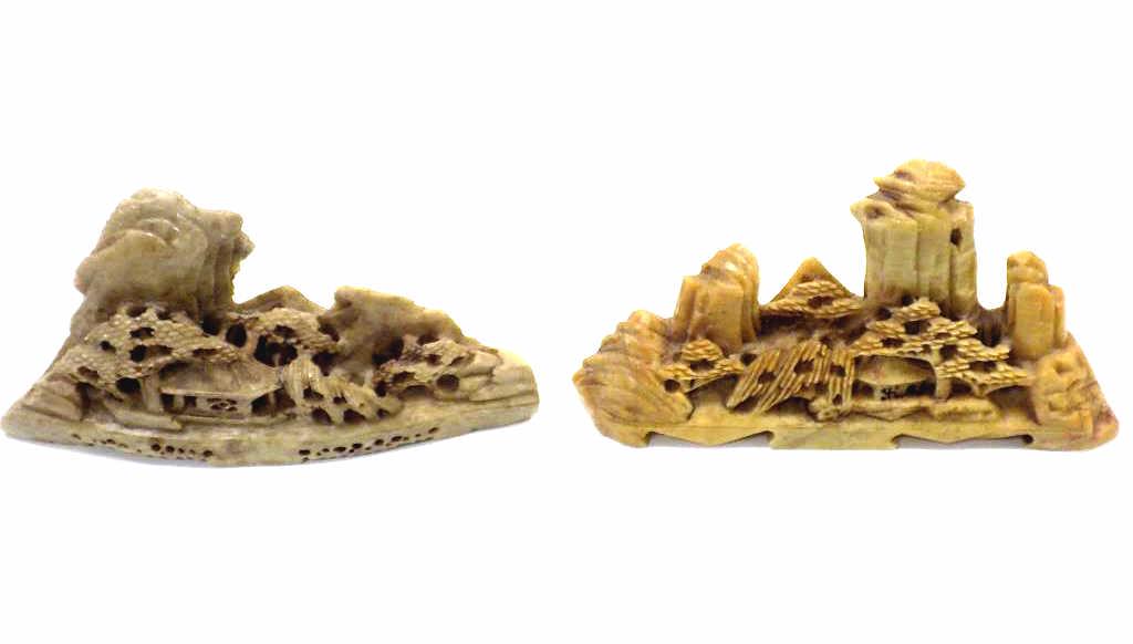 19TH CENTURY CHINESE STONE CARVINGS: Pair 19th Century Chinese Soapstone Landscape Carvings. 3.50" x 6"