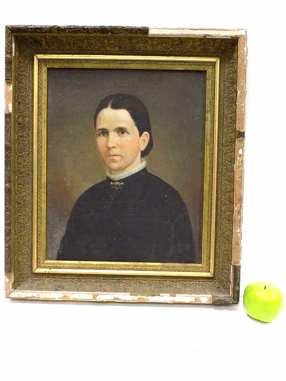 19TH CENTURY VICTORIAN MOURNING PAINTING: 19th Century American School - Victorian Lady in Mourning Portrait Painting. From a Pennsylvania Estate. Oil on Canvas. Elaborate Gilt Period Frame (As is). 19.50" x 22.50"