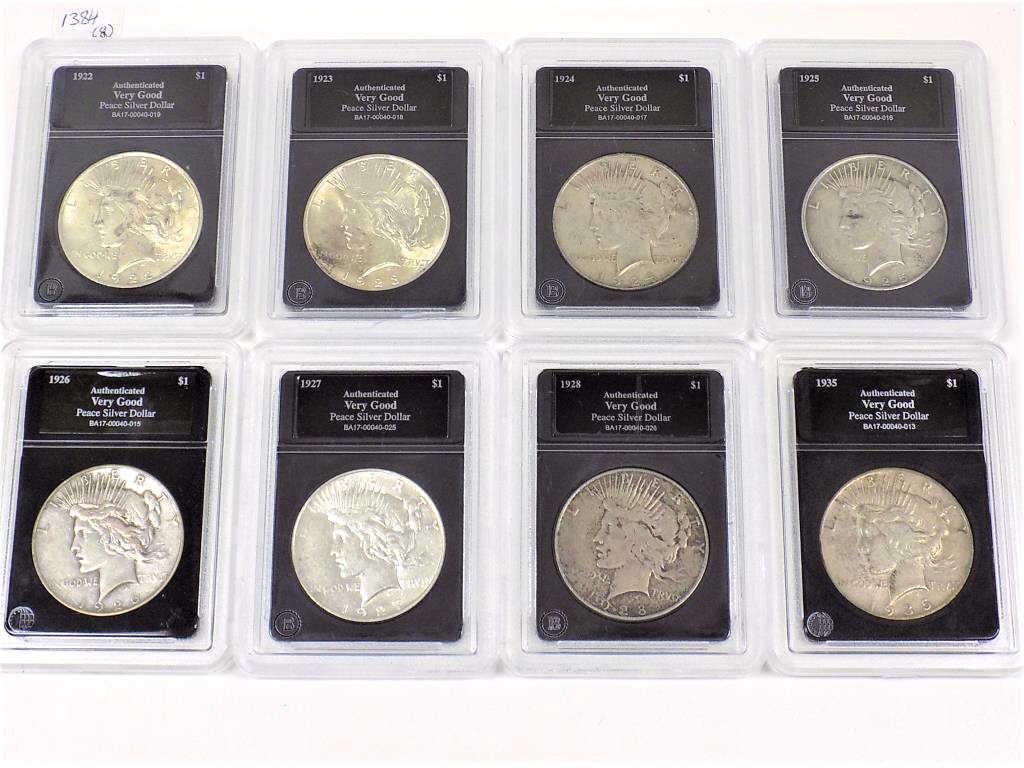 GROUP OF 8 LIBERTY HEAD PEACE SILVER DOLLARS: Group of 8 Liberty Head Peace Silver Dollars. Includes 1922, 1923, 1924, 1925, 1926 S, 1927 D, 1928 S, 1935. All Graded Very Good by The Bradford Exchange.