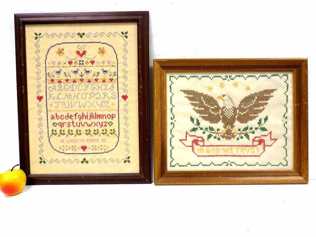 2 FOLK ART SAMPLERS INC. AMERICAN EAGLE (1 of 3)