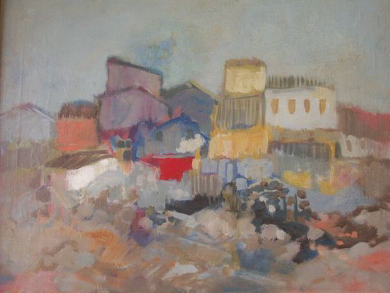 ANDRE GISSON FRENCH PAINTING 20TH C.: attributed to Andre Gisson American - French 1910-2003. 20th Century impressionist french village hill top landscape oil painting on canvas. H 16"" x W 20"". Gilded gesso frame.