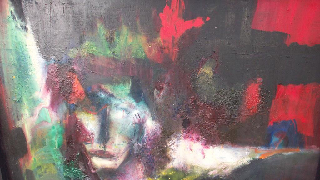 OTTO SAMMER - "" CHRISTUS "" ABSTRACT PAINTING: Signed on verso "" Otto Sammer Passau / Hacklberg Halerweg"" 1967. Oil on canvas. H 27 1/2"" x 39 1/2"".