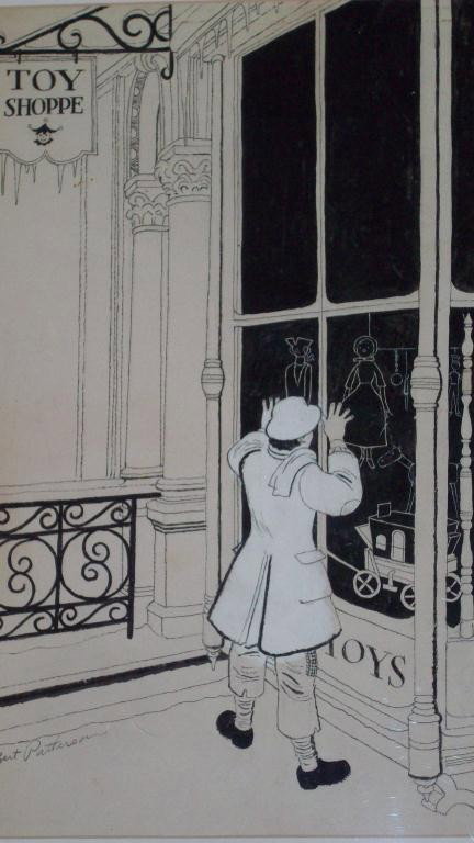ROBERT PATTERSON - TOY SHOPPE - PAINTING: Robert Patterson American NY 1898-1981. Illustration Art gouche painting & ink mixed media for children's book. H 17"" x W 12 1/2"" sight size. framed & glazed.