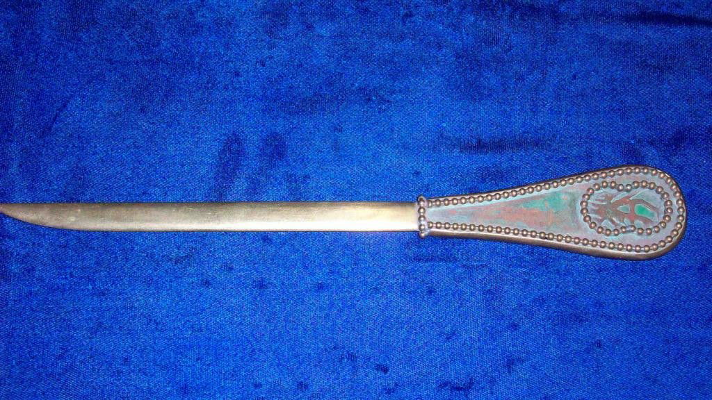 RIVIERE STUDIOS BRONZE LETTER OPENER: RIVIERE STUDIOS Bronze Letter opener. Slag glass handle insert. H 1 1/2"" x L 10 1/2"".