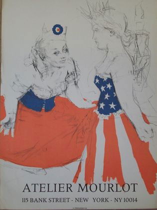 JACK LEVINE ATELIER MOURLOT LITHOGRAPH: Jack Levine American Atelier Mourlot 1960's "" Marianne & the Goddess of Liberty "" lithograph poster. H 28"" x 21"".
