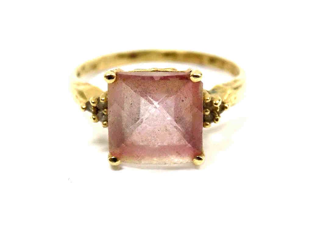 BIG PINK TOPAZ 14K GOLD & DIAMOND CHIP RING (1 of 4)