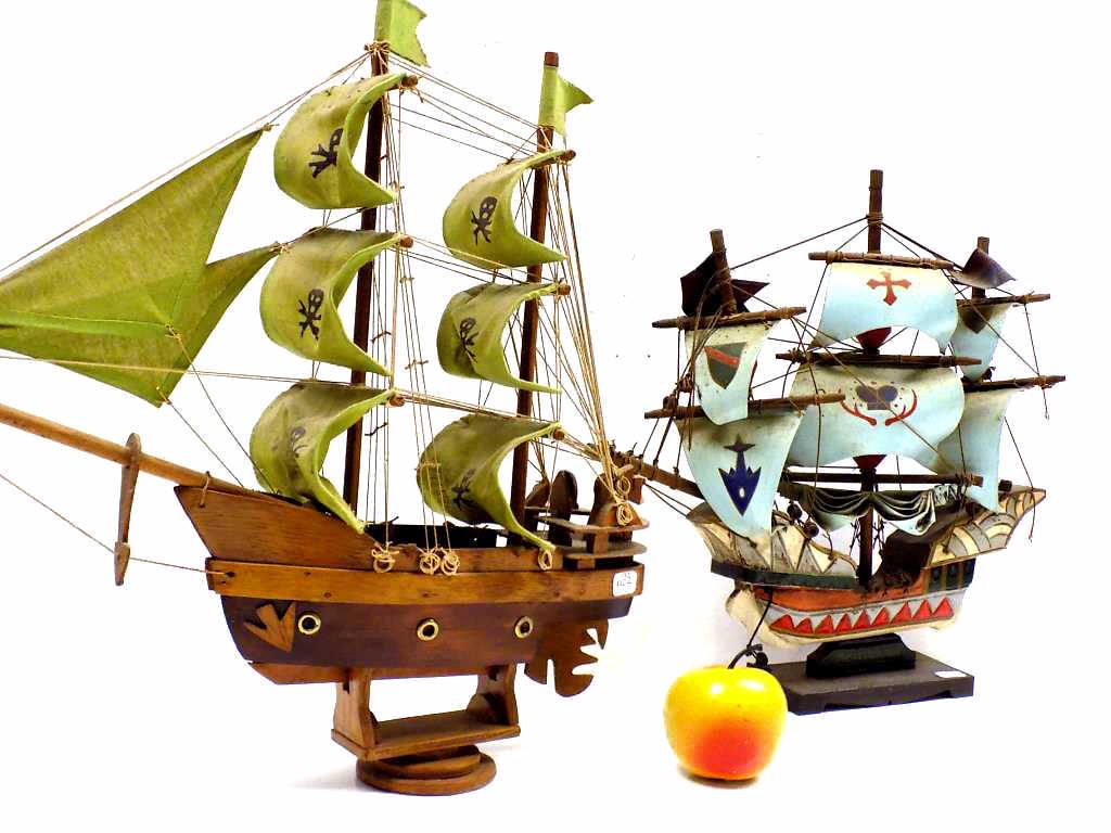 VINTAGE PERSIAN MERCHANT & PIRATE SHIP MODELS: Vintage Persian Merchant and Pirate Ship Wooden Models. Hand Painted Sails. Height 14" x Length 14.50" and Height 17" x 17.50"