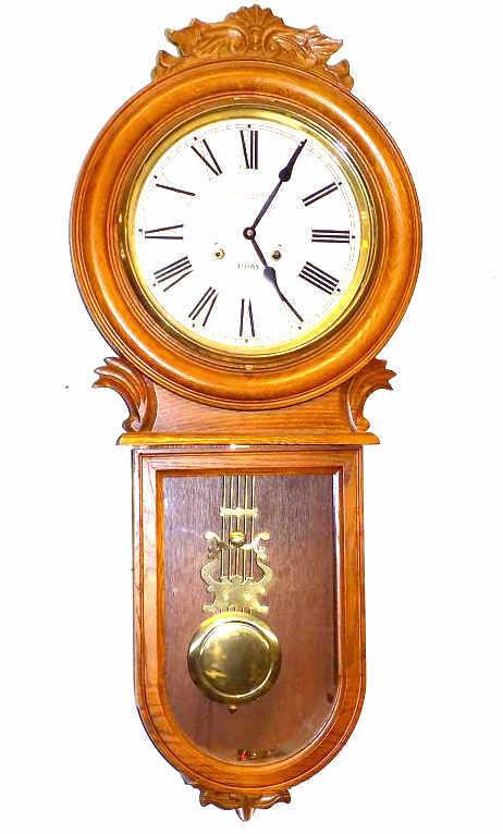 CHURCHILL CLOCKWORKS 31 DAY OAK REGULATOR CLOCK: Large Victorian Style Churchill Clockworks 31 Day Golden Oak Regulator Wall Clock. Original Fancy Harp Shape Brass Pendulum with Key. Gongs on Half hour and Hour. Working Order.
