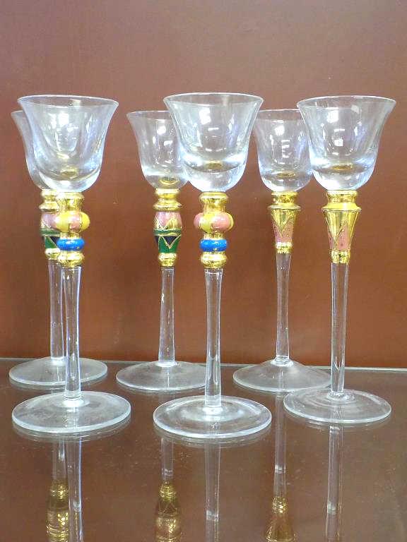 VENETIAN GOLD DECORATED CORDIAL GLASSES: Set of 6 Italian Venetian Glass Stemmed Cordial Glasses. Hand Blown, Painted in Polychrome & Gold Gilt. Decoration. Height 7.25"