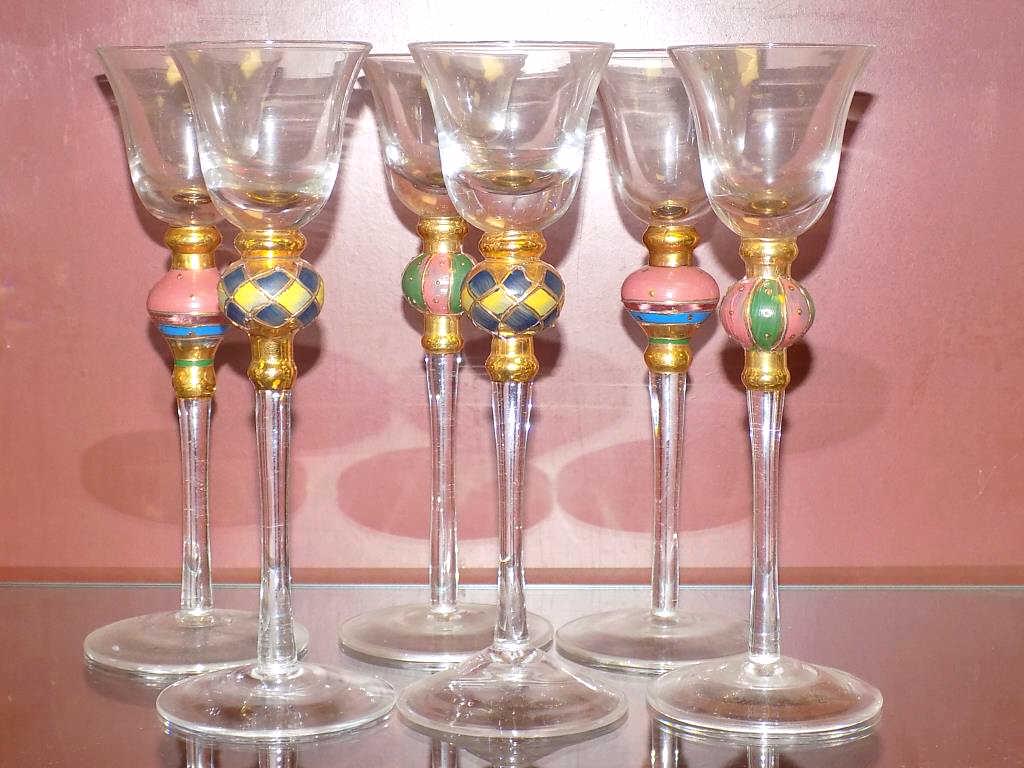 VENETIAN GOLD DECORATED CORDIAL GLASSES: Set of 6 Italian Venetian Glass Bulbous Stemmed Cordial Glasses. Hand Blown, Painted in Polychrome & Gold Gilt. Decoration. Height 7.25"
