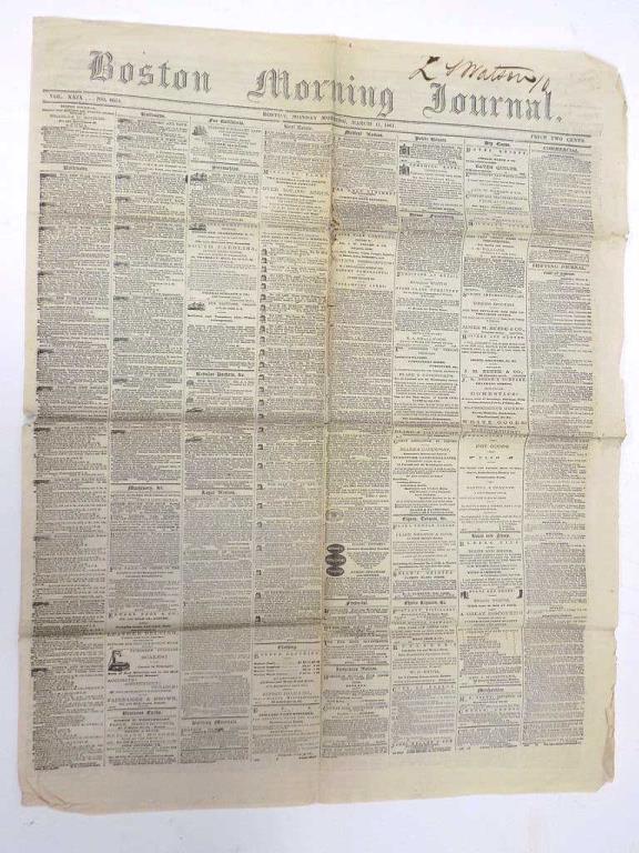 1861 BOSTON MORNING JOURNAL NEWSPAPER CIVIL WAR (1 of 2)